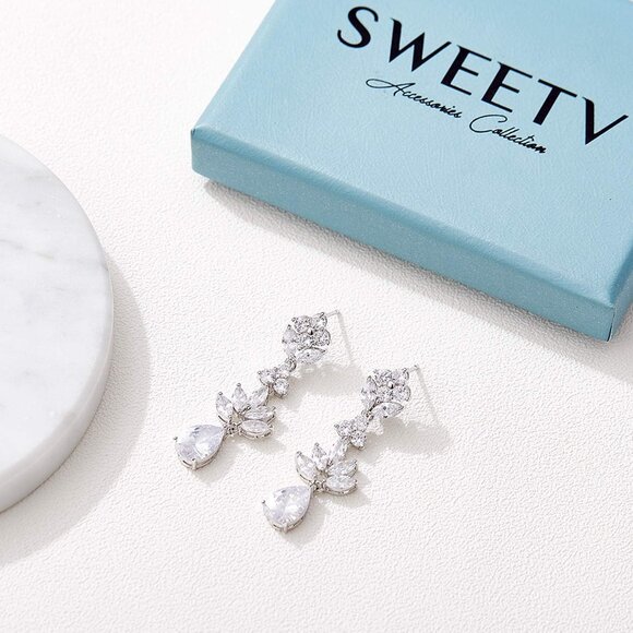 Women's Silver Crystal Cubic Zirconia Bridal Drop Teardrop Wedding Earrings - Picture 7 of 7